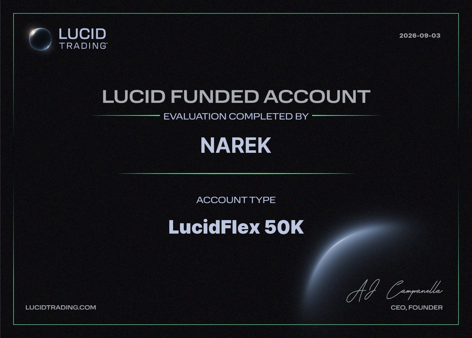 Lucid Trading funded account certificate, LucidFlex 50K
